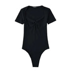 Summer Short Sleeve Square Collar Folds Bodysuits Women Elastic Slim Top Jumpsuits