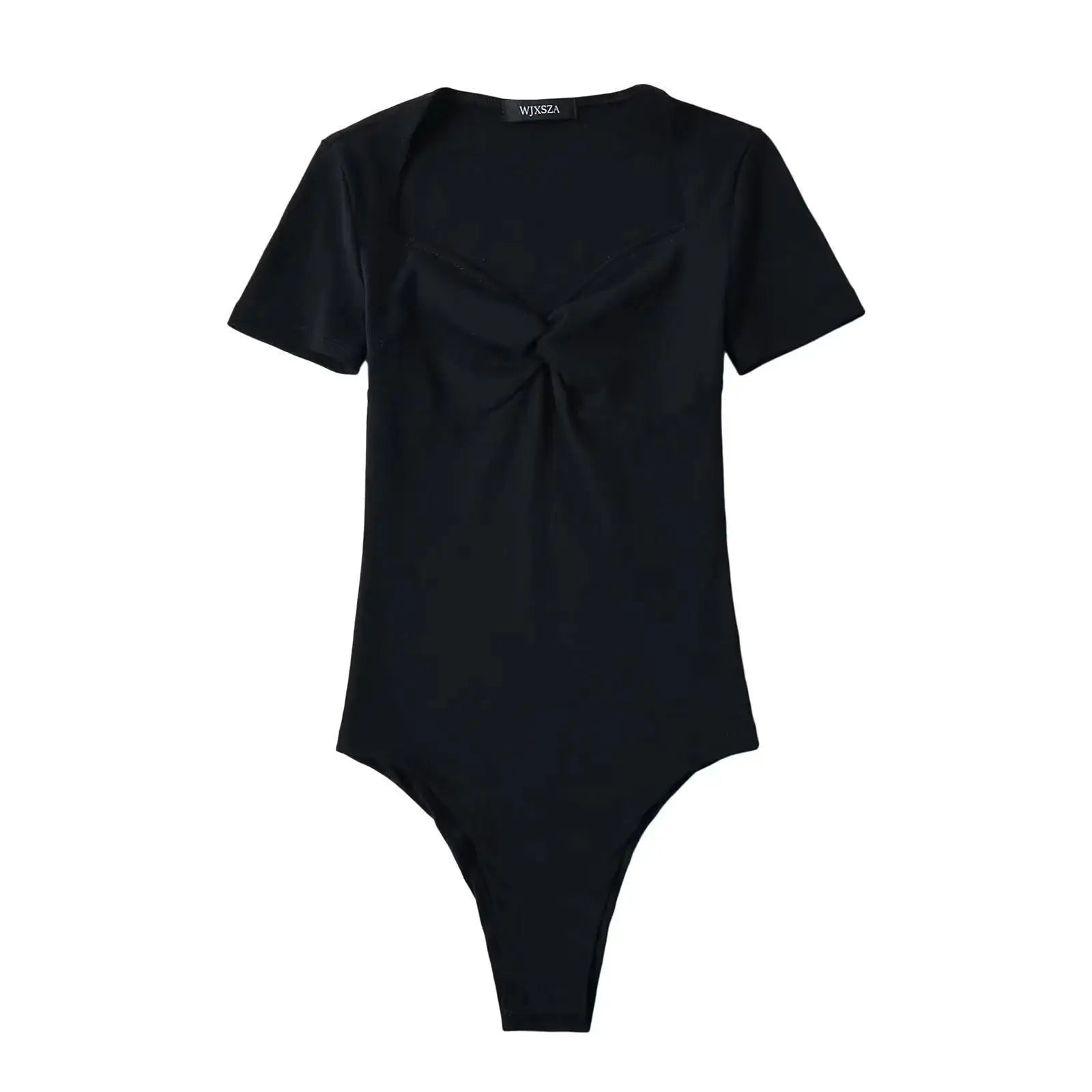 Summer Short Sleeve Square Collar Folds Bodysuits Women Elastic Slim Top Jumpsuits