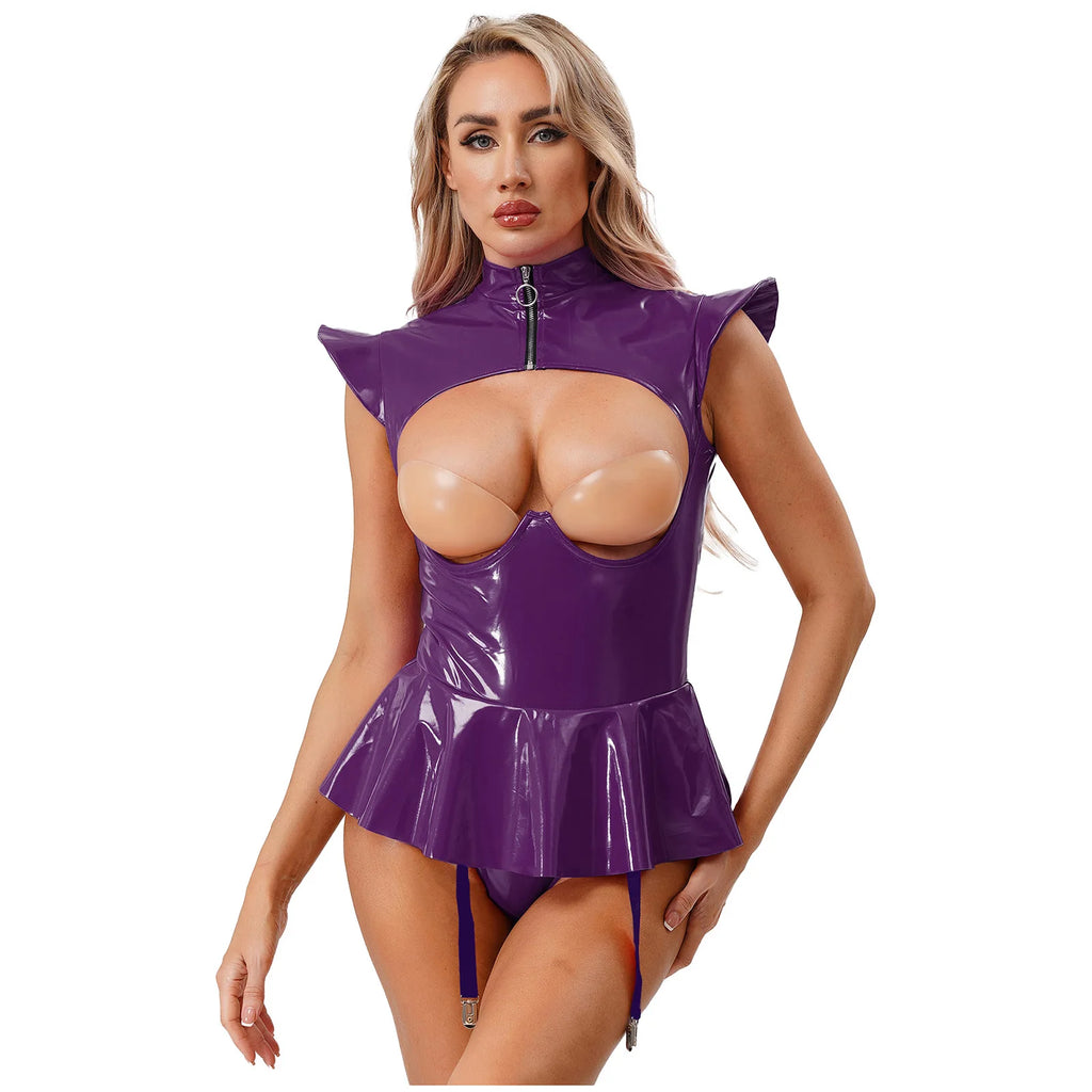 Women Lingerie PU Leather Tempting Bodysuit Breast Hollow Out Underwire Teddies Ruffled Hem Garters Jumpsuit Erotic Nightwear