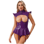 Women Lingerie PU Leather Tempting Bodysuit Breast Hollow Out Underwire Teddies Ruffled Hem Garters Jumpsuit Erotic Nightwear