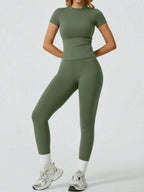 2 Piece Yoga Set Women Short Sleeve Top High Waist Leggings Gym Workout Clothing Tummy Control Fitness Sportswear Activewear Sui
