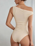 Women One Shoulder Ruched Bodysuit Gold Buckle Decor Sleeveless Form Fitting Jumpsuit