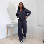 Women's Matching Sets Solid Color Sports Suit Long-sleeved Zipper Cardigan Hooded Sweater Lace-up Trousers Two-piece Set