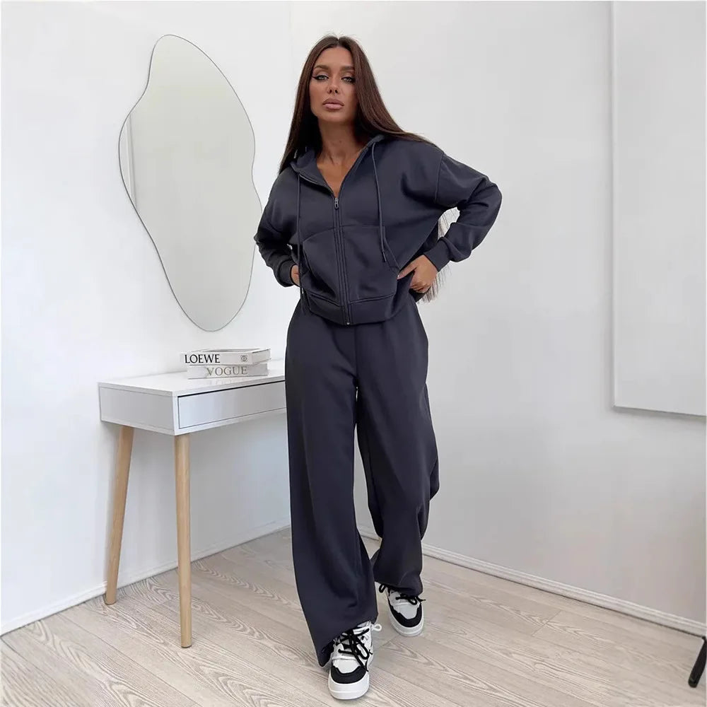 Women's Matching Sets Solid Color Sports Suit Long-sleeved Zipper Cardigan Hooded Sweater Lace-up Trousers Two-piece Set