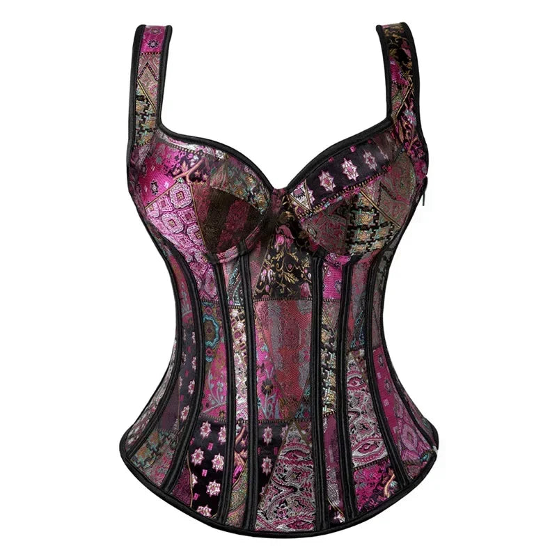 With Cup Top Vintage Steampunk Corset With Straps Overbust Zipper Side Straps Overbust Corset Waist Trainer Bustier Plus Size