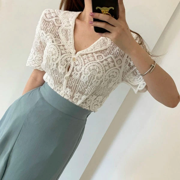 Sheer Embroidery Lace Blouse Cover Up Top Short Sleeve Button Front Cardigan Women Summer Boho Vacation Outfit