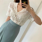 Sheer Embroidery Lace Blouse Cover Up Top Short Sleeve Button Front Cardigan Women Summer Boho Vacation Outfit