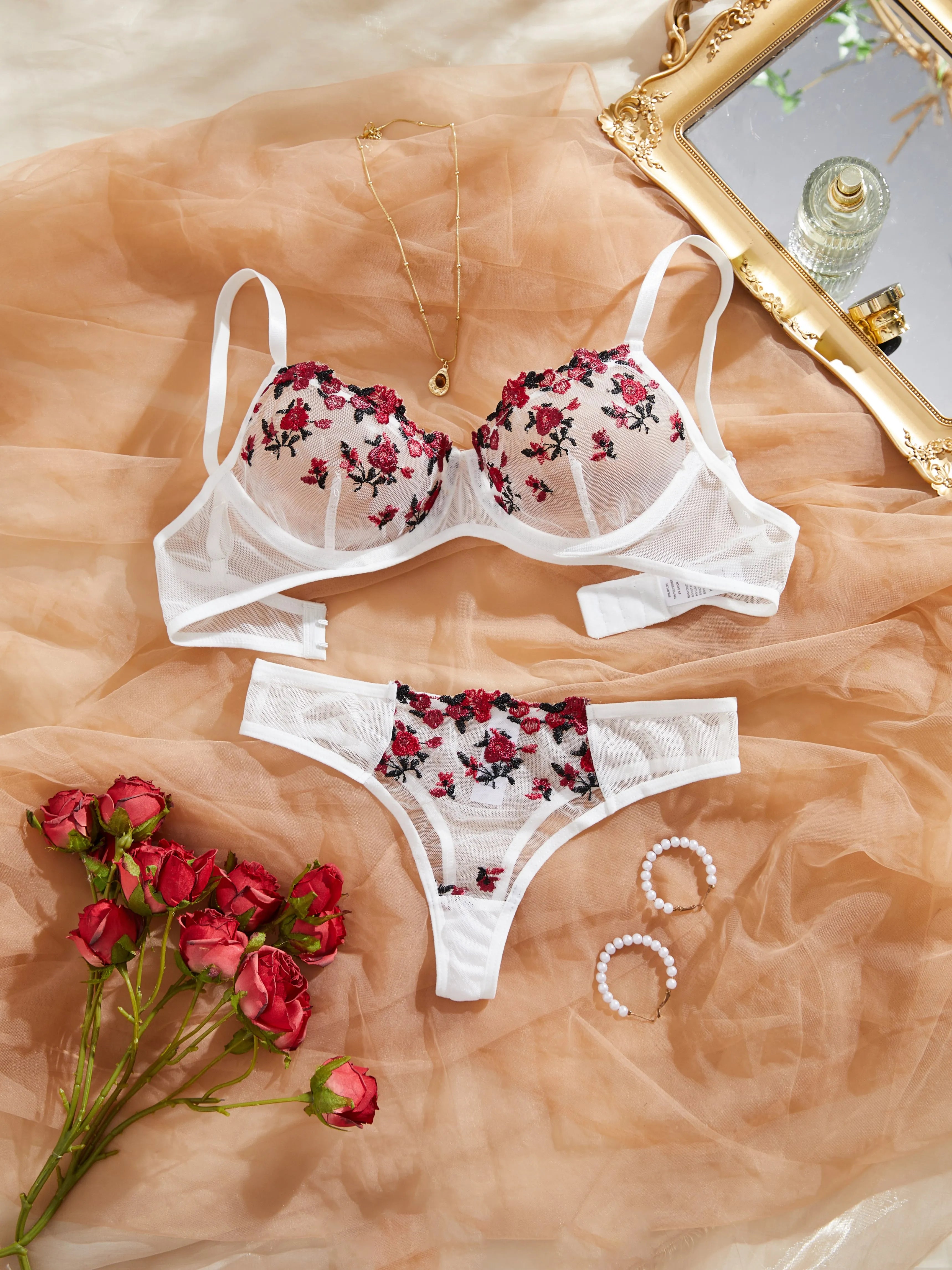 Sexy Lingerie Women Thin Transparent Lace See Through Erotic Underwear Bra And Panty Set Sleepwear Suit Embroidery Floral No Pad