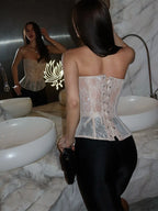 Women's Lace Patchwork Vest Sexy Bandage Strapless Backless Slash Neck Female Corset 2026 Spring Summer Lady Beach Party Tops