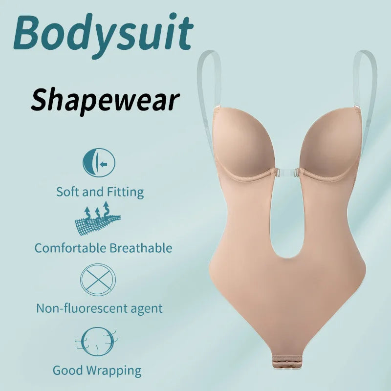 One-Piece Deep V-Neck Push Up Body Shapewear Bodysuit Women's Thong Bottom Underwear Slimming U-Shaped Low Back Backless Corset