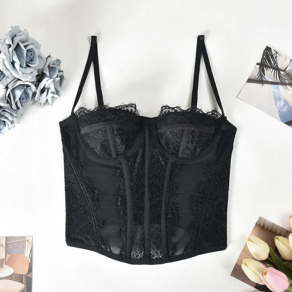 Sexy Lace Corset Tops Women Sheer Mesh Push Up Bra Female Partywear Crop Top Open Back Boned Tube Top Lingerie Bustier Plus Size