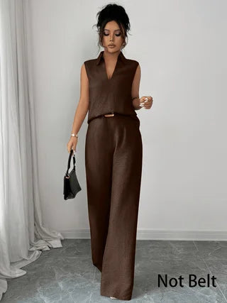 2026 Summer New Sleeveless V-Neck Wide-Leg Pants Set, French-Style High-End Work-Casual Two-Piece Set, Elegant and Slimming Plus-Size Women's Clothing, Suitable for Workplace, Daily Wear, and Vacation Outfits