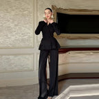 Women's New Modest Blazer Jacket Pant Casual Lapel A Line Lace Up Suit Coat Pants 2026 Trendy Commuter Wide Leg Office Outfits