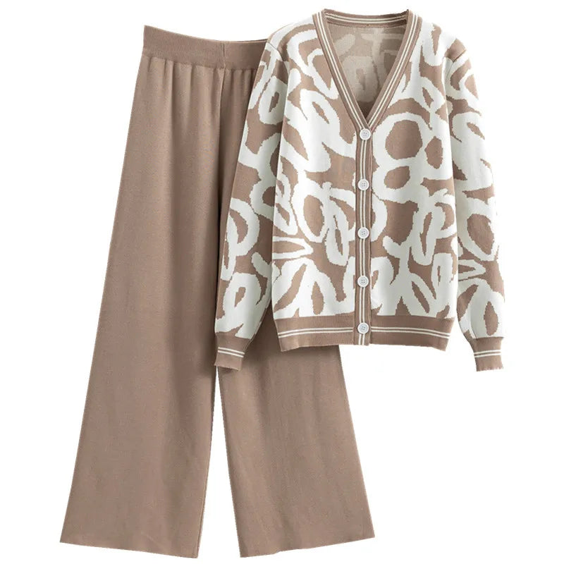 Autumn Winter 2 Pieces Women Sets Knitted Tracksuit 2024 New V-collar Single Breasted Sweater and Wide Leg Pant Suits T726