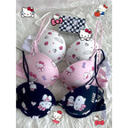 Japanese Hello Kitty Front Closure Push Up Bra Set for Women, Cute Kawaii Underwire Lingerie Set with Panty Y2K Women's Bra Set