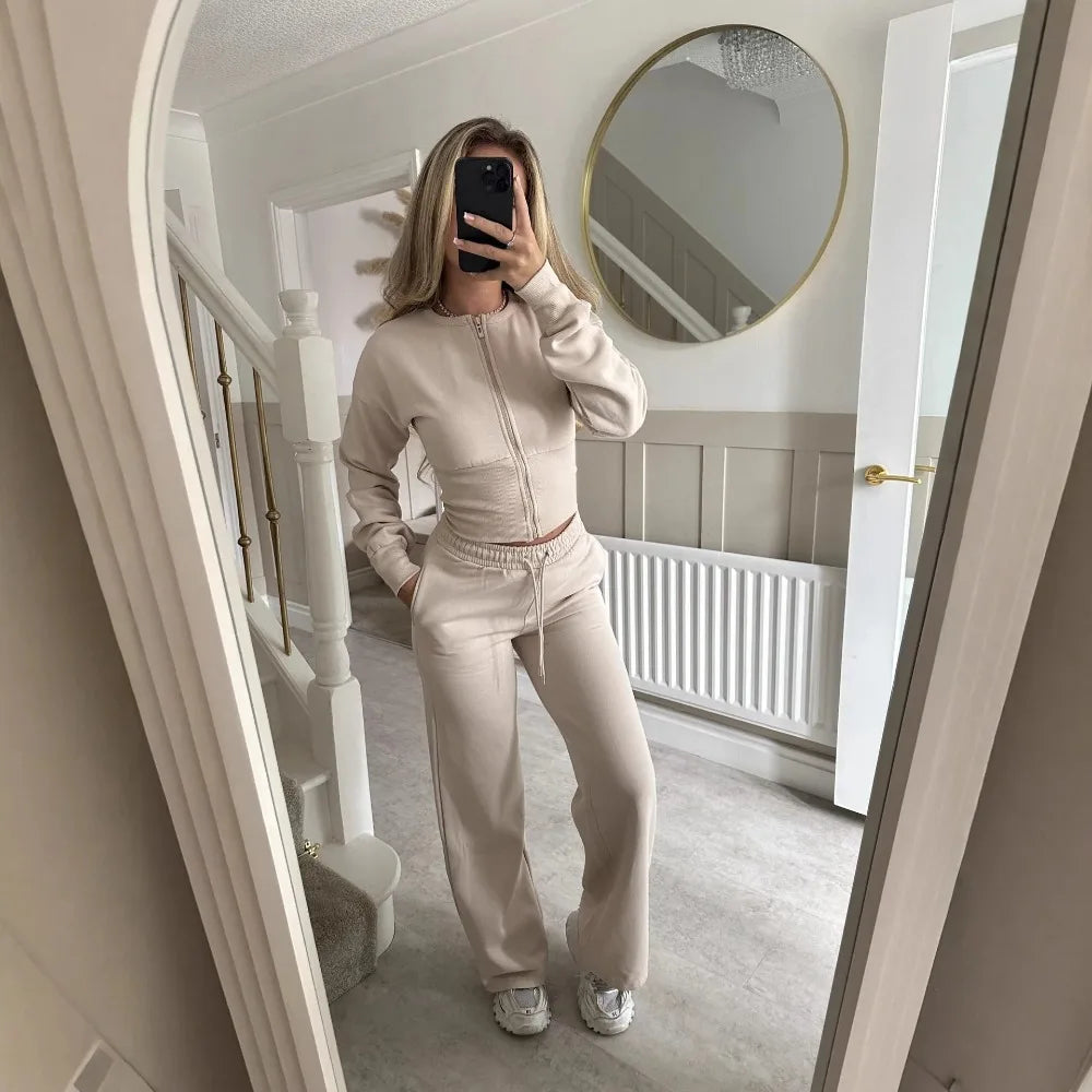 Pant Set Hoodies Sweatshirts Two Piece Sets Women CardiganTracksuit Matching Jogger Sets Zipper Coats Long Pants Lace Up Y2k