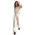 Zipper Front Knitted Long Sve Wide Leg Pants Two Piece Set for Women Autumn Winter Pure Color Faion Ensemble