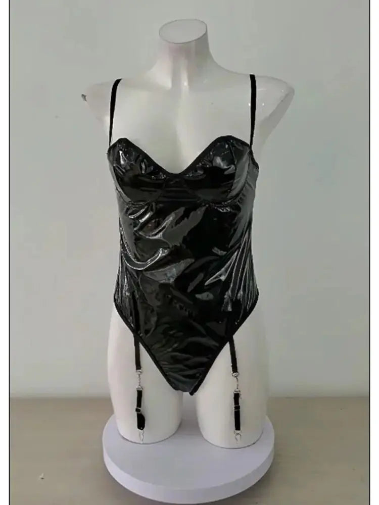 S-XXL Spaghetti Stap Shaped Breast Wet Look PVC Catsuit Swimsuit Shiny PU Leather Bodysuit Tight Sexy Clubwear Body Belt Teddies