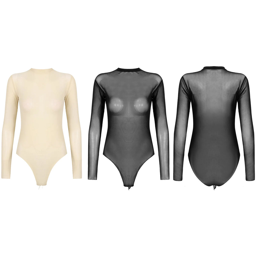 Womens Girls Fashion See-through Long Sleeve Bodysuit Lingerie Nightwear Crew Neck High Cut Leotard for Dating Nightclub Teddies