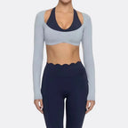 Women's Fake Two-Piece Sports Long Sleeve Halter Neck Pilates Yoga Shirt Slim Fit Fitness Sports Top Leggings Workout Tights