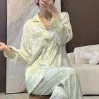 Women's Satin Pajama Set Spring New Classic Sandpainting Pajama Set Long Sleeve Button Green Pajama Lounge Pant Women Sleepwear