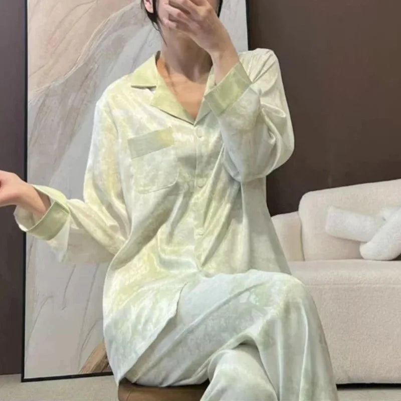 Women's Satin Pajama Set Spring New Classic Sandpainting Pajama Set Long Sleeve Button Green Pajama Lounge Pant Women Sleepwear