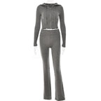 2 Piece Sets Women Knitted Tracksuit Long Sleeve Zipper Hooded Sweater Crop Top Flare Pants Stretch Matching Suit Outfit