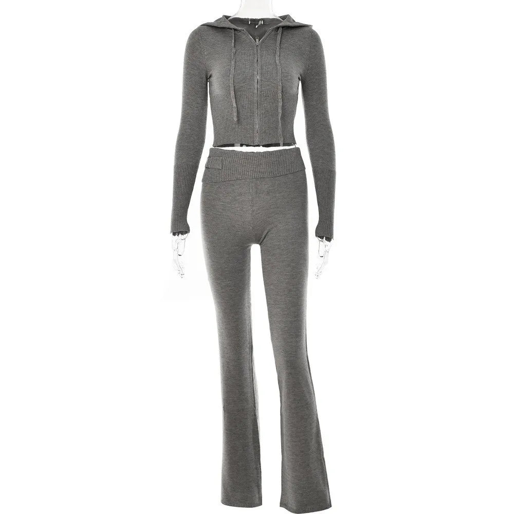 2 Piece Sets Women Knitted Tracksuit Long Sleeve Zipper Hooded Sweater Crop Top Flare Pants Stretch Matching Suit Outfit