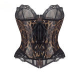 Women Leopard Lace Corset Wild Sexy Animal Print Bustier Sheer Mesh Built-in Boning Metal Busk  Slim Shapewear Party Club Top