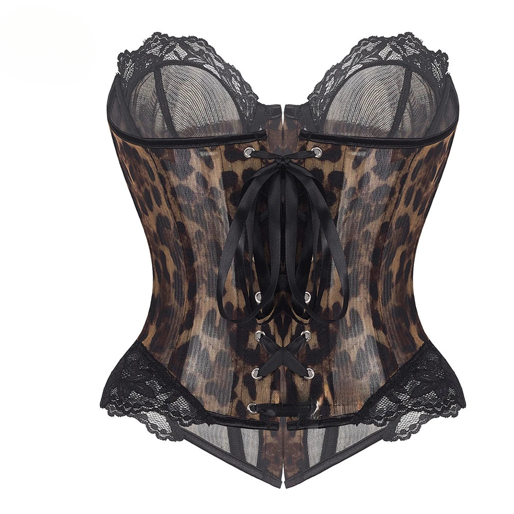 Women Leopard Lace Corset Wild Sexy Animal Print Bustier Sheer Mesh Built-in Boning Metal Busk  Slim Shapewear Party Club Top