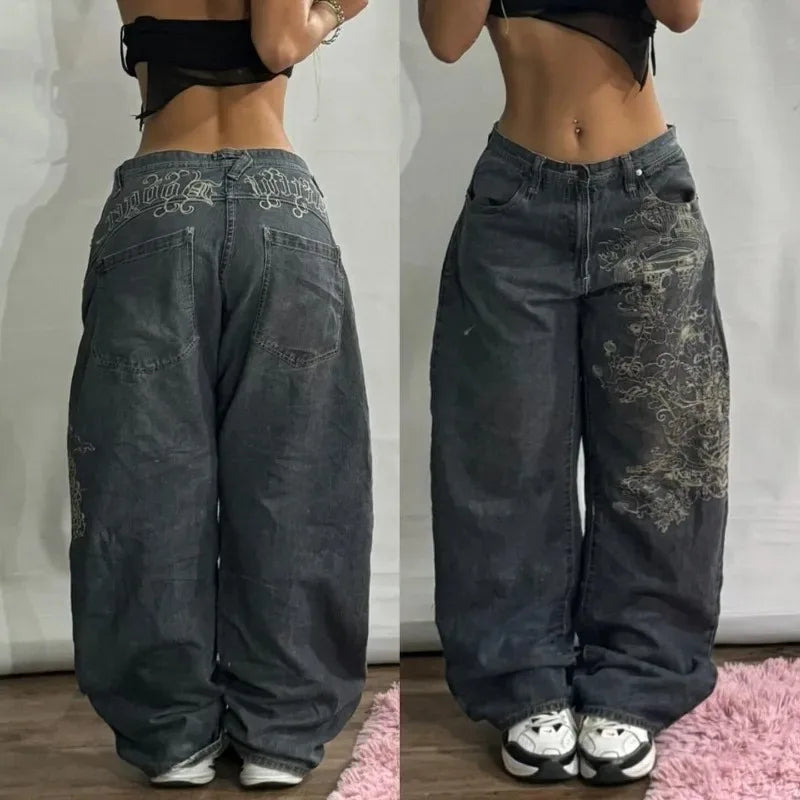 American New Fashion Geometric Pattern Embroidered Baggy Jeans Women Y2K Harajuku Vintage Hip-hop Popular Casual Wide-leg Pants