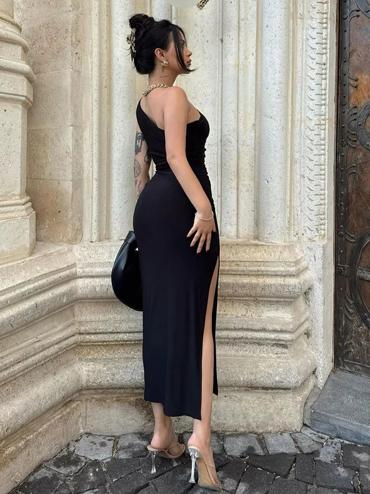 Women Maxi Dresses Sexy Split Black Sleeveless Backless Slim Dress Summer Female Fashion Off Shoulder Club Elegant Party Dresses