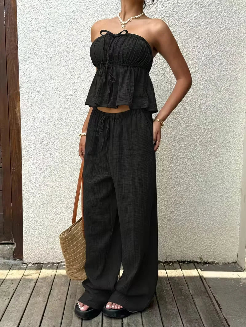 2 piece sets woman outfits，New women's casual two-piece lace up top and pants