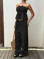 2 piece sets woman outfits，New women's casual two-piece lace up top and pants