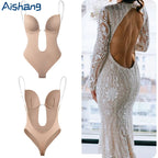 One-Piece Deep V-Neck Push Up Body Shapewear Bodysuit Women's Thong Bottom Underwear Slimming U-Shaped Low Back Backless Corset