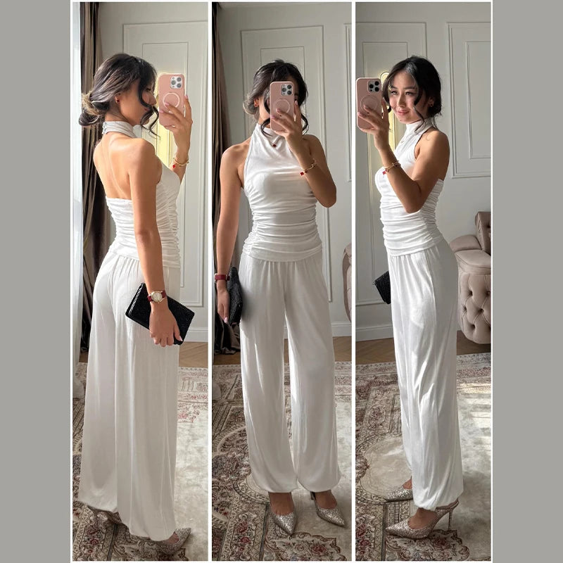Halter Backless Two-Piece Set Fitted Bodice High Waist Wide Leg Pants 2026 Spring Fashion Elegant Office Casual Women Outfit