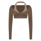 Women's Fake Two-Piece Sports Long Sleeve Halter Neck Pilates Yoga Shirt Slim Fit Fitness Sports Top Leggings Workout Tights