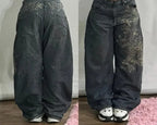 Streetwear New Vintage Letter Printing Washed Baggy Jeans Women Y2K Harajuku Hip Hop Popular Gothic High Waist Wide Leg Pants