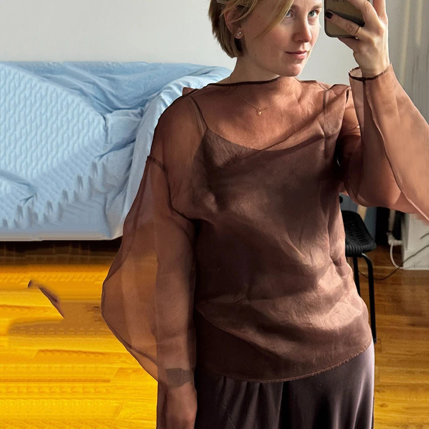 Linad Elegant Brown Mesh O Neck Blouse Women 2025 Sexy Apricot Sheer Shirt Female Autumn Street Chic Loose Long Sleeve Tops New
