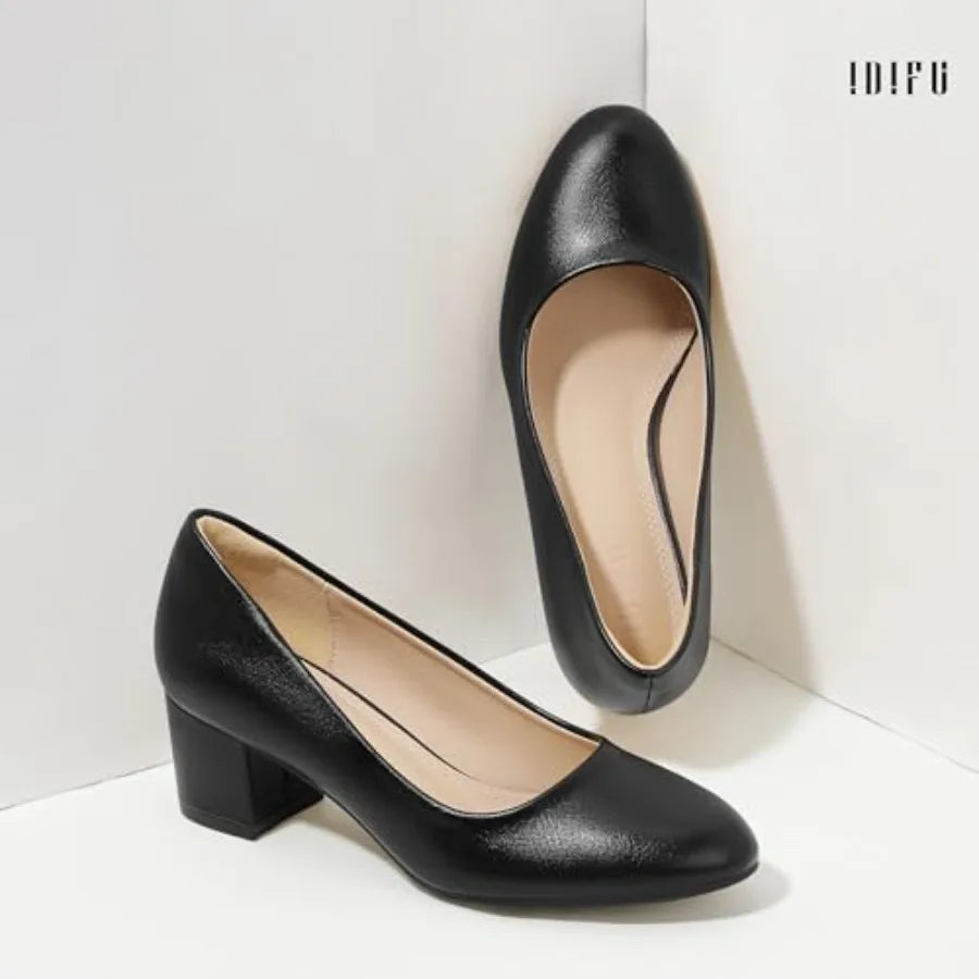 IDIFU IN2 Women's Pumps Closed Round Toe Low Block Chunky Heels Short Small Thick Heels Wedding Bridal Homecoming Work Prom Dre