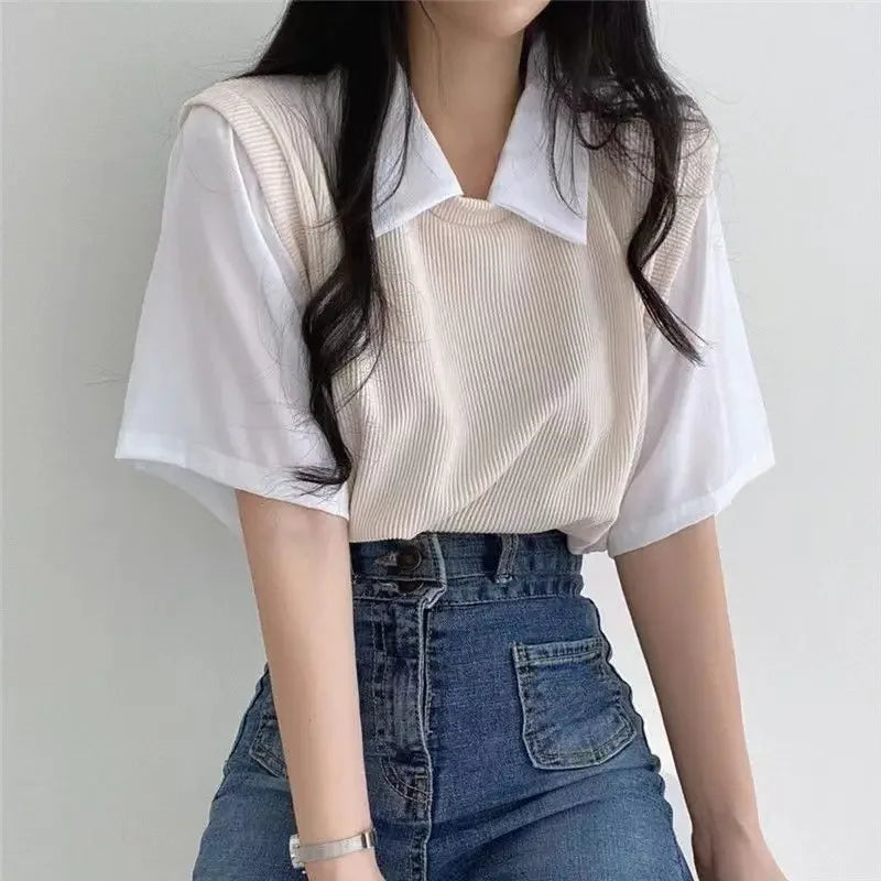 Summer Academy Style Color Blocking Polo Collar Top Fake Two-piece Short Sleeve T-shirt Women Lazy Loose Casual Versatile Blouse