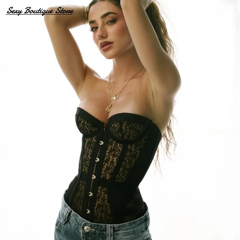 Sexy Hollow Out Fishbone Top Strapless Slim Fit Corset Vest Lace V Neck  Body Shaping Camisole Tops 2025 New Women Shaper Tanks