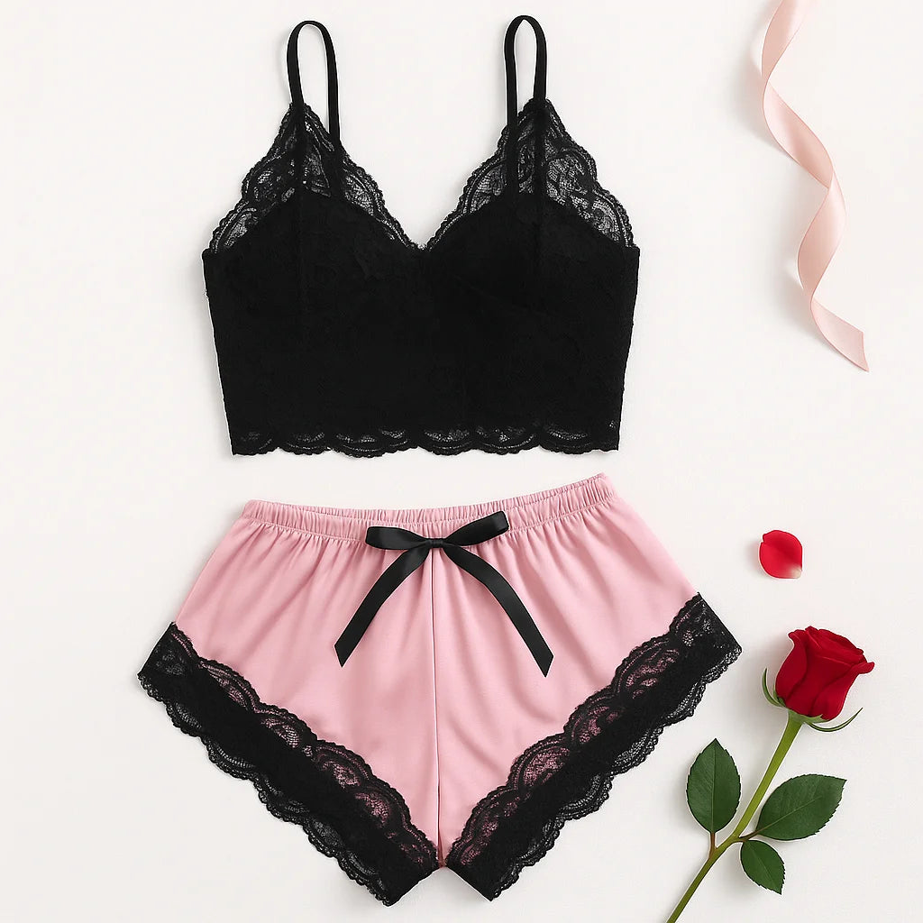 2PCS Women's Satin Pajama Set Lace Cami Top and Shorts Sexy Lingerie Sleepwear Summer Breathable Nightwear Black And Pink
