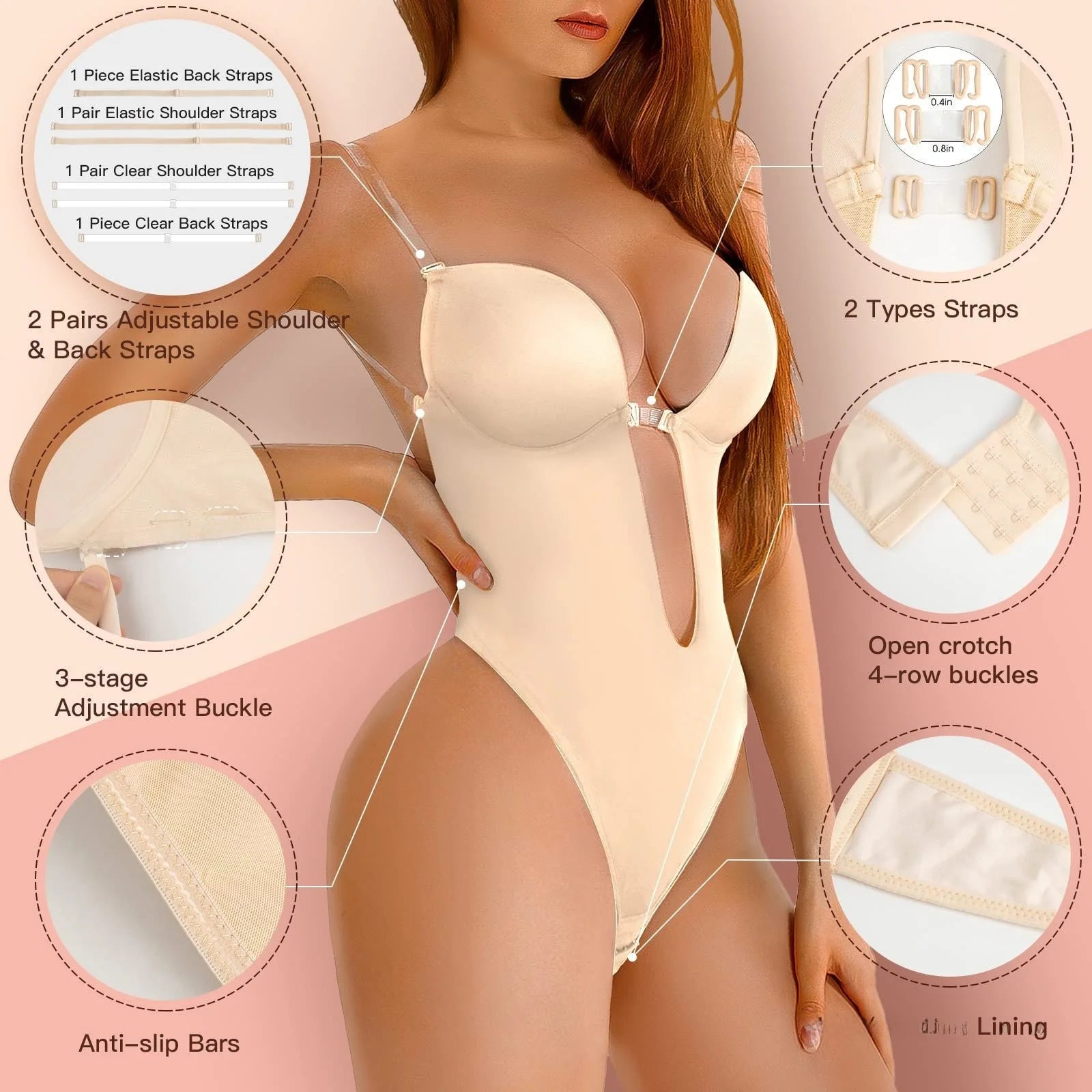 Sexy Backless Deep V Plunge Shapewear Bodysuit Invisible Strapless Bralette Sculpting Gathered Invisible Strap Underwear