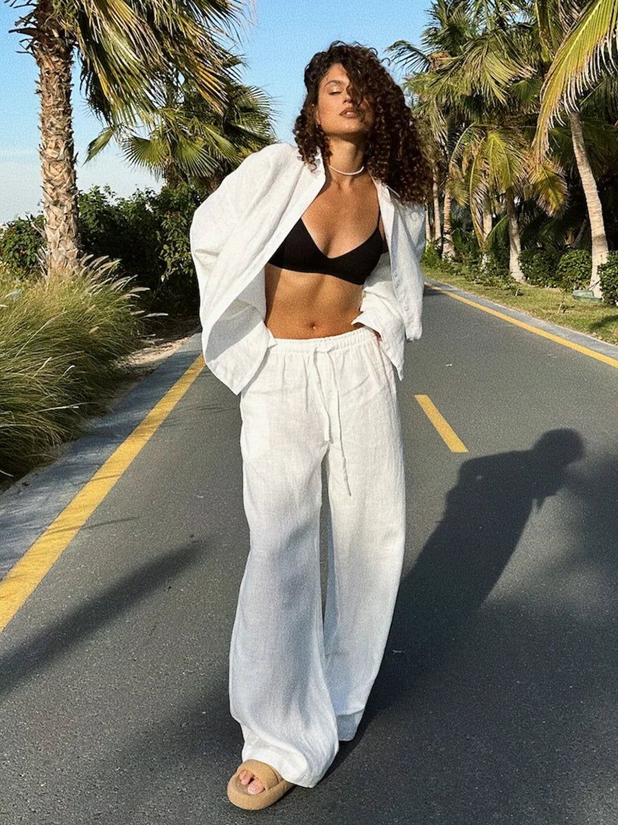 Women's Casual Solid Cotton Linen Pant Sets Chic Laple Single Breasted Long Sleeve Shirt Elasticity Waist Pant New Two Piece Set