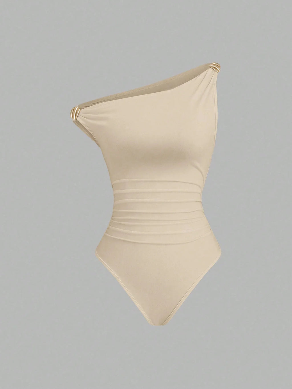 Women One Shoulder Ruched Bodysuit Gold Buckle Decor Sleeveless Form Fitting Jumpsuit