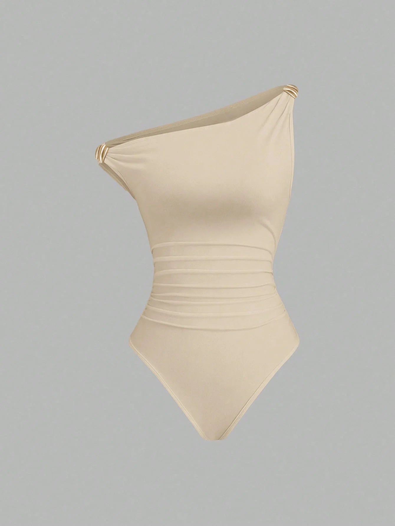 Women One Shoulder Ruched Bodysuit Gold Buckle Decor Sleeveless Form Fitting Jumpsuit
