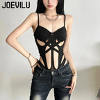 Y2K Black Bodysuit Women Hollow Out Sexy Sleeveless Tops Spaghetti Strap Streetwear Bodycon Jumpsuit Festival Aesthetic Clothes