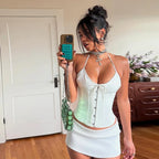 Oligai Summer Sexy Satin Corset Crop Top Sexy Red Lace Up Top Halter Bodycon Blouse Night Club Outfit Women