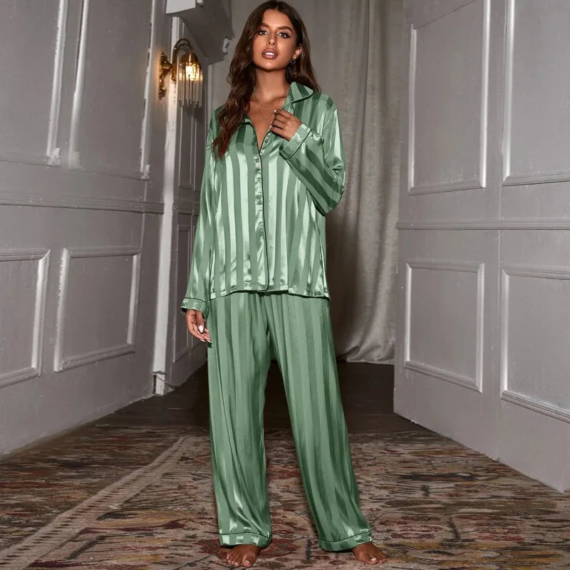 2pcs Set Women Pajama Set Lapel Striped Loose Casual Loungewear Set Satin Homewear Sleepwear for Women